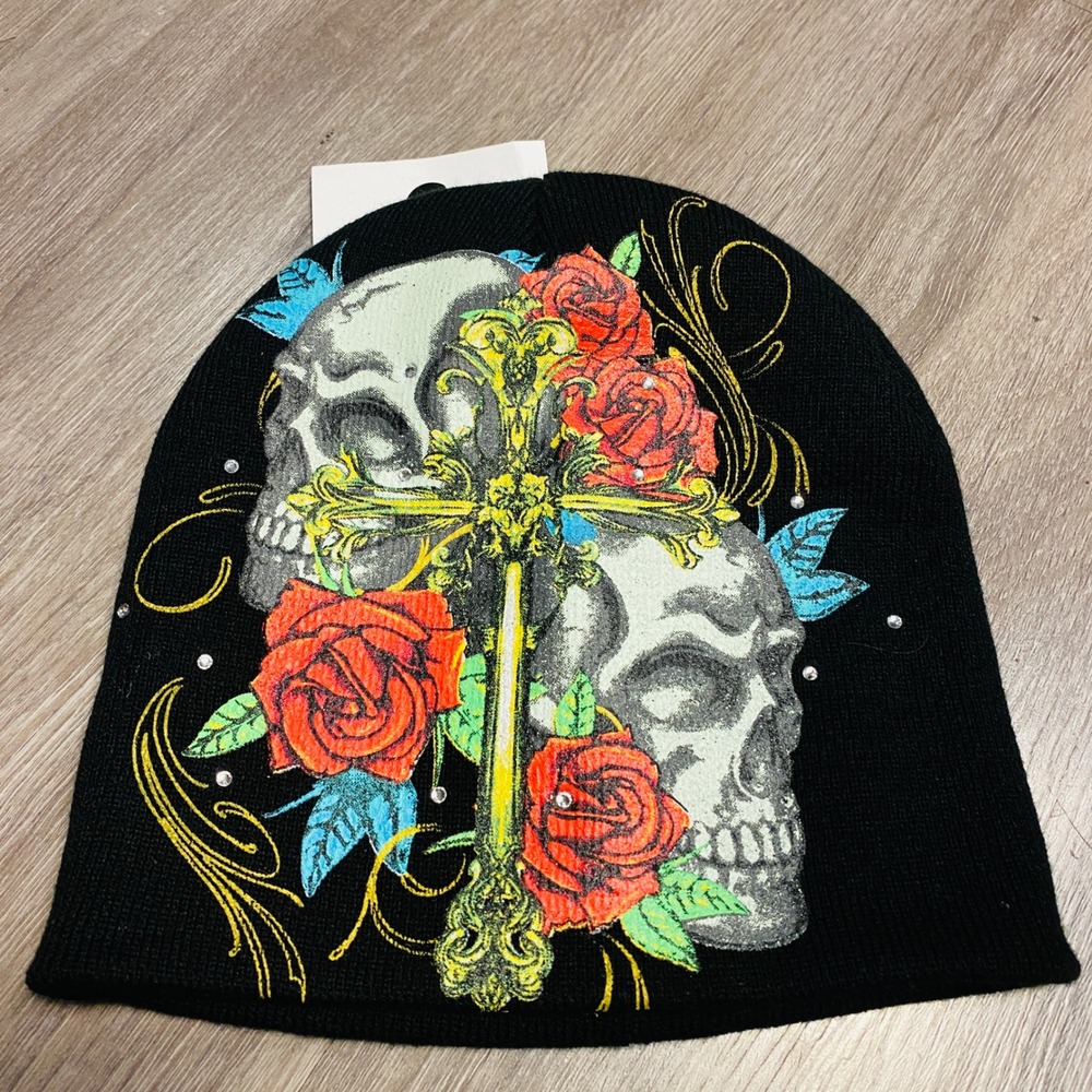 Ninth Hall Black Skull Cross Rose Rhinestone Graphic Beanie Hat Made in Canada